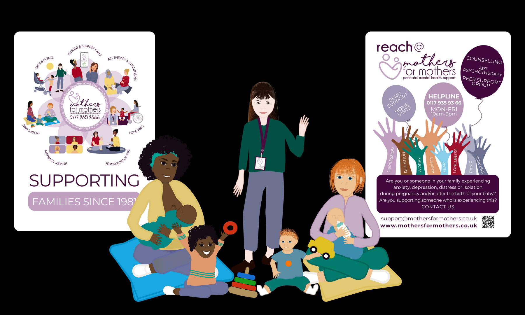 mothers for mothers REACH leaftlet that displays their service wheel and some of the custom-made characters